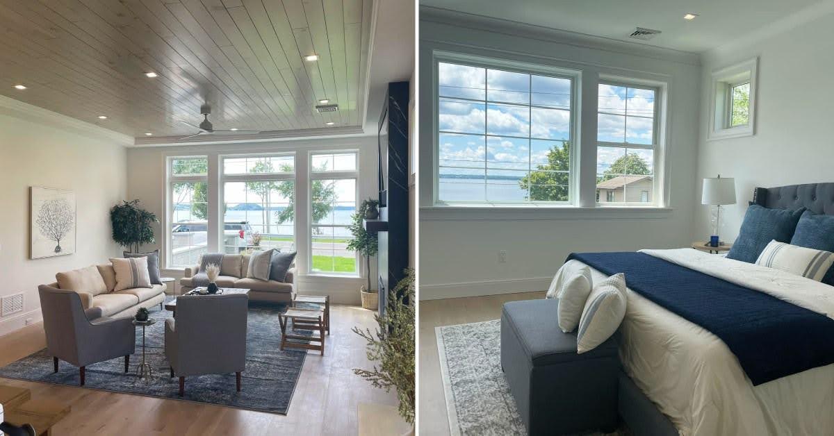 split image. on left is staged living room. on right is staged bedroom with window overlooking lake george